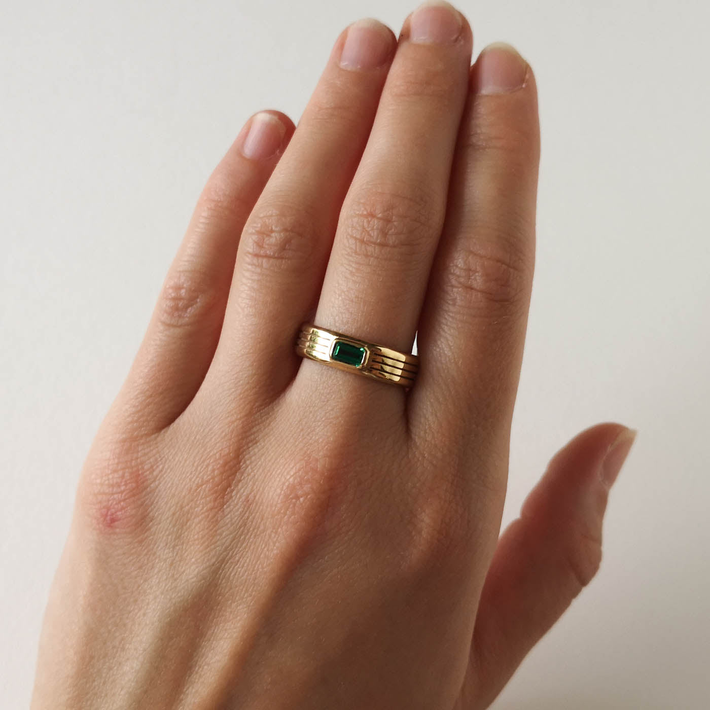 Tri-Grooved Men’s Engagement Ring with Emerald